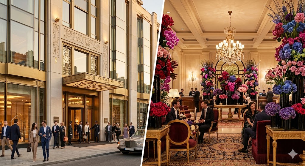pairs A split-screen showing the sleek, golden Art Deco exterior of Cheval Blanc on one side and the iconic, flower-filled lobby of the George V on the other.
