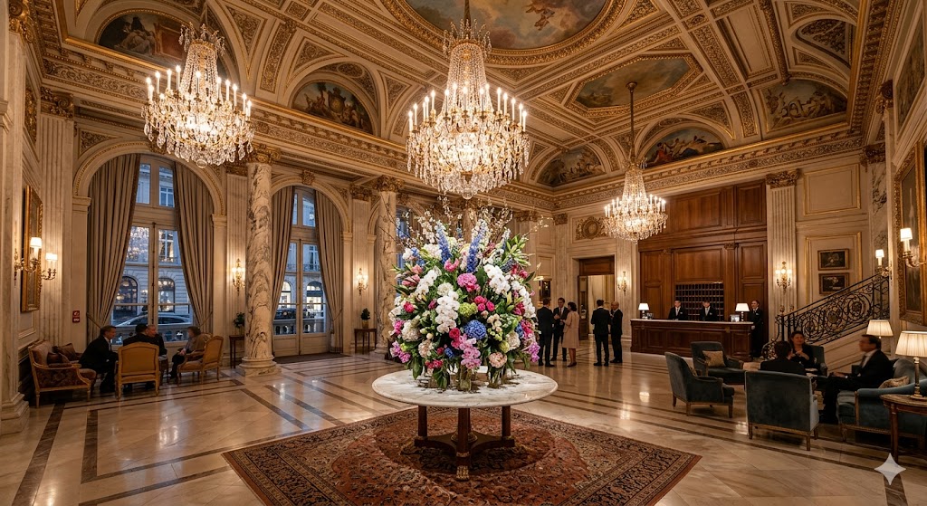 pairs luxurious lobby with high ceilings, sparkling chandeliers, and massive, artistic floral arrangements.