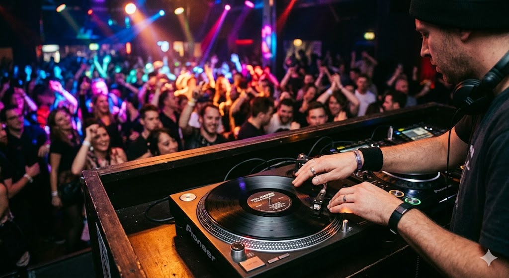 paris A DJ’s hands on a turntable with blurred colorful lights and a dancing crowd in the background.