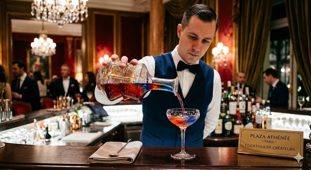 paris A bartender carefully pouring a colorful liquid from a bespoke glass carafe (Plaza Athénée style).