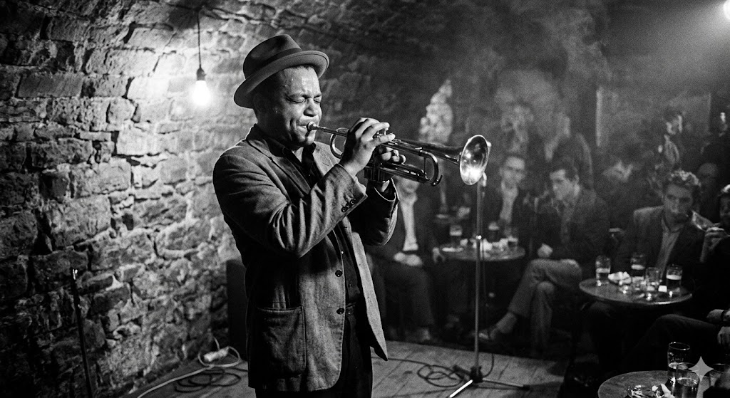 paris A black-and-white, grainy photo of a jazz trumpeter performing against a medieval stone wall in a dimly lit cellar.