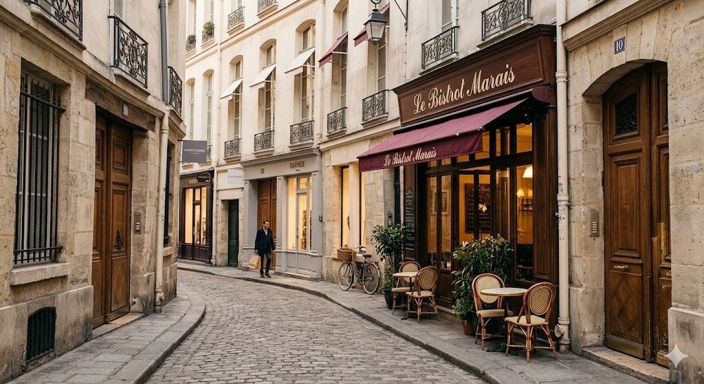 paris A chic cobblestone street view in Le Marais, leading toward a bistro entrance.