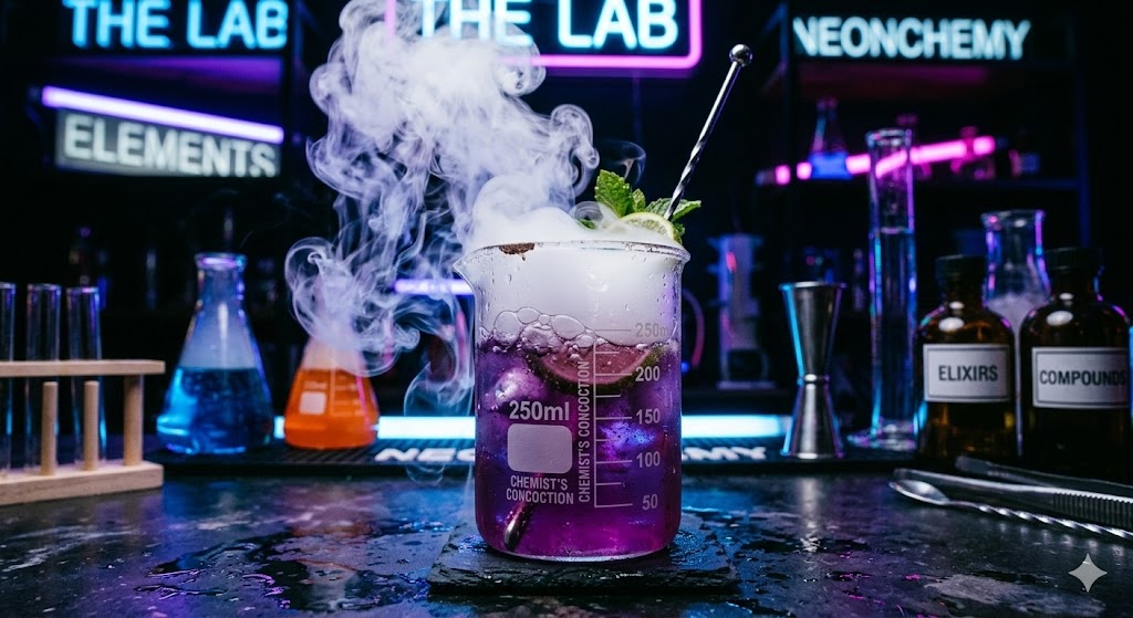 paris A close-up, dramatic shot of a cocktail smoking with dry ice, served in a laboratory beaker under neon lights.