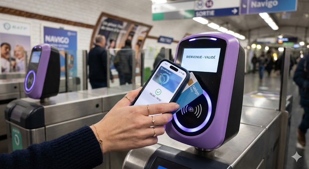 paris A close-up of a hand tapping a smartphone or Navigo card against a sleek purple Metro sensor.
