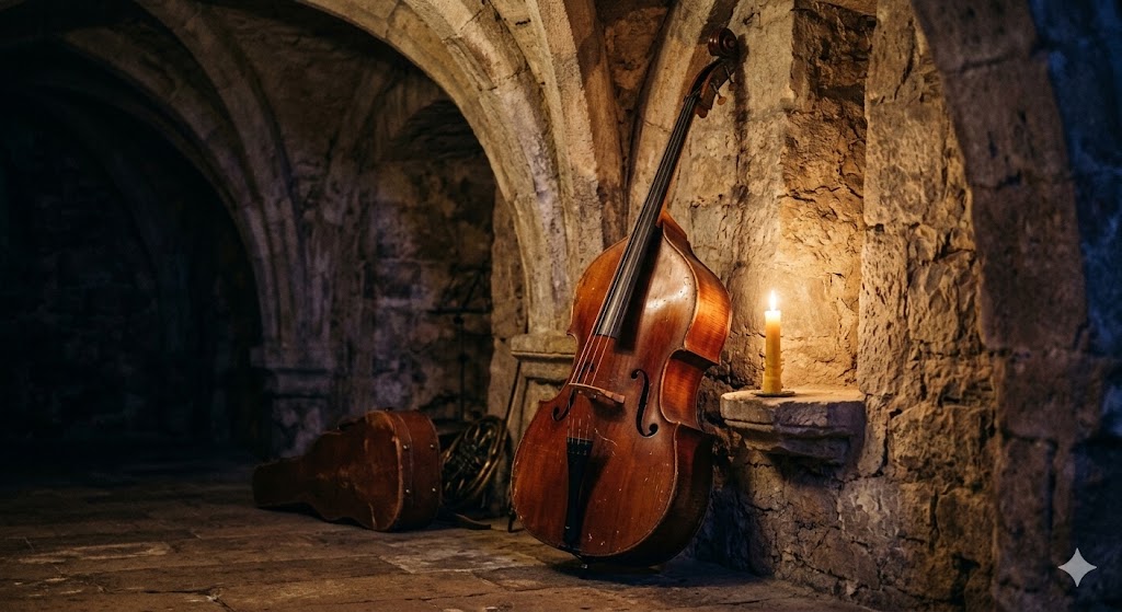 paris A double bass resting against a vaulted stone wall, illuminated by the warm glow of a single candle.