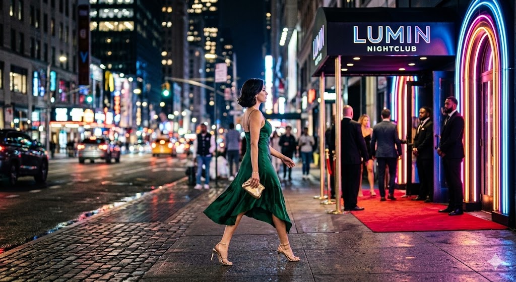 paris A fashionable woman in a silk dress walking toward a glowing club entrance, with blurred city lights in the background.