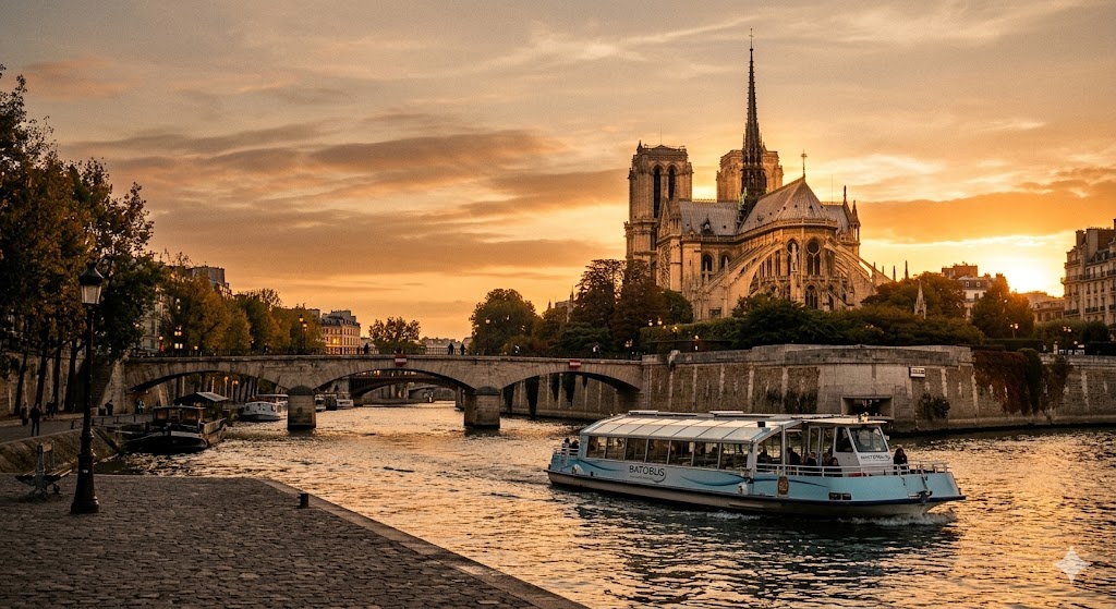 paris A golden hour shot of the Seine with a Batobus gliding past the Notre Dame Cathedral.
