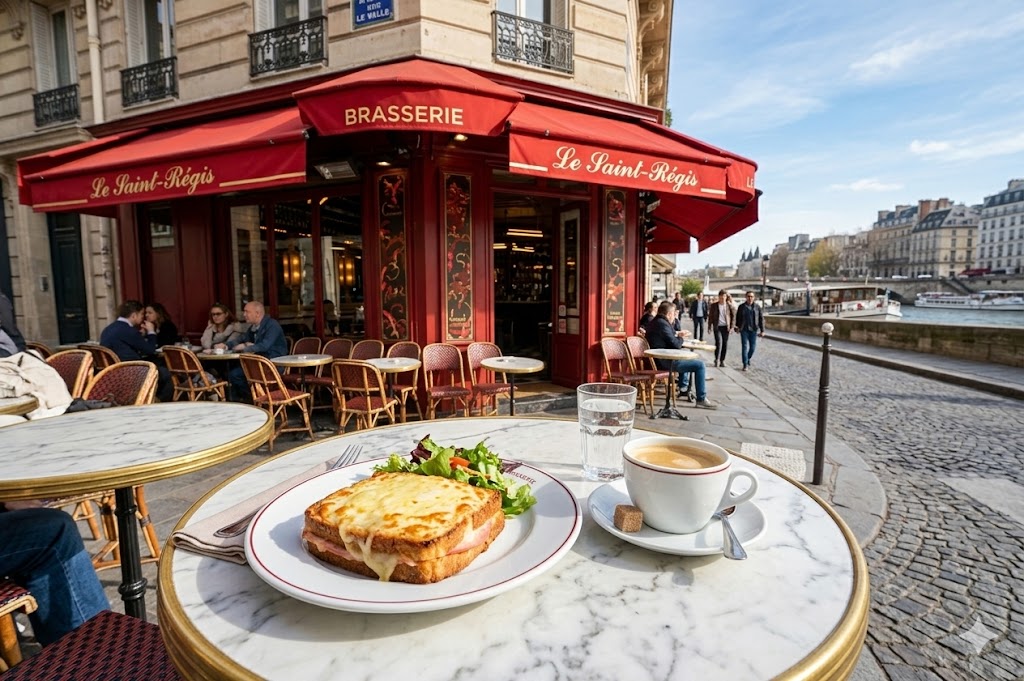 paris A marble-topped table outside Le Saint-Régis, featuring a croque-monsieur, coffee, and a glimpse of the nearby Seine.