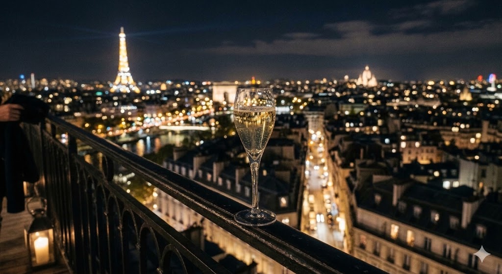 paris A moody, high-angle shot of a champagne glass reflecting the twinkling lights of the Paris skyline at night.