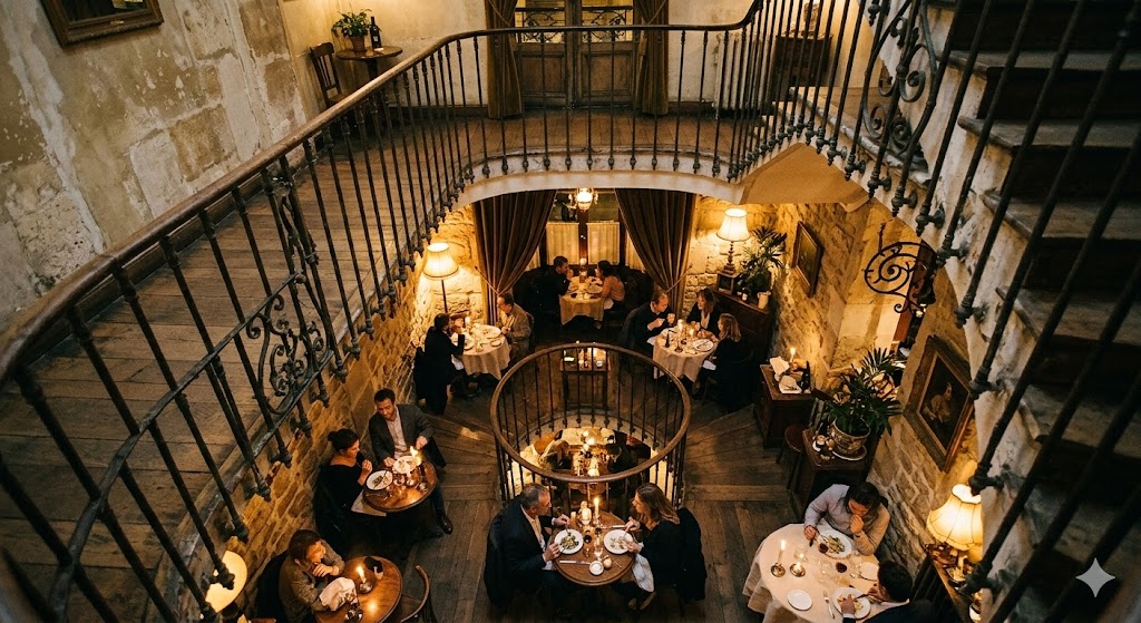 paris A photo looking down the iconic spiral staircase at Le Colimaçon, showing candlelit tables below.