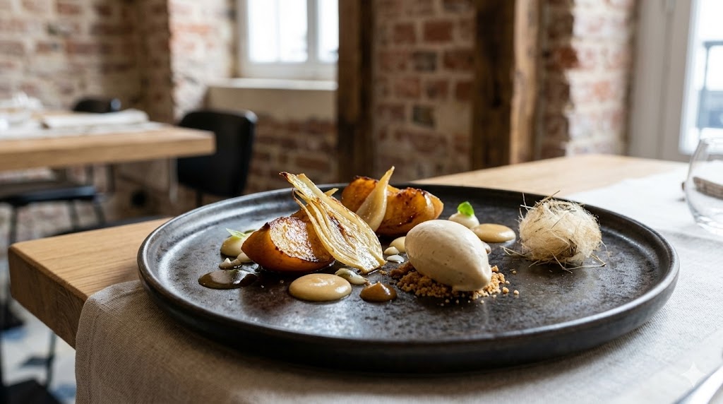 paris A photogenic, artistic dessert from Dessance, featuring roasted apple and smoked hay ice cream.