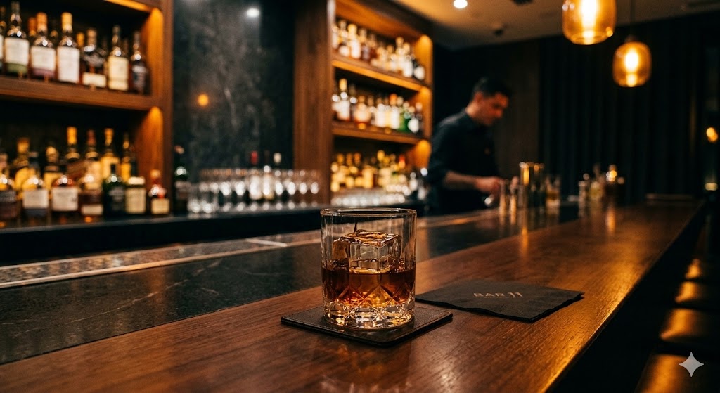 paris A sleek, minimalist bar counter with warm, ambient amber lighting and a perfectly clear, hand-cut ice cube in a glass.