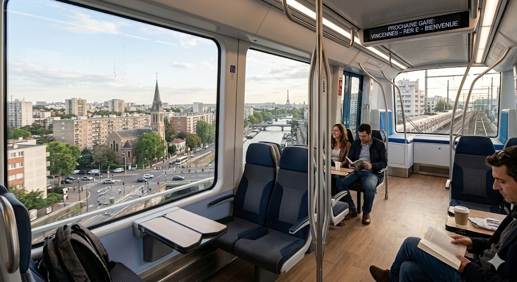 paris A sleek, modern train interior with large windows and a view of the Parisian suburbs.