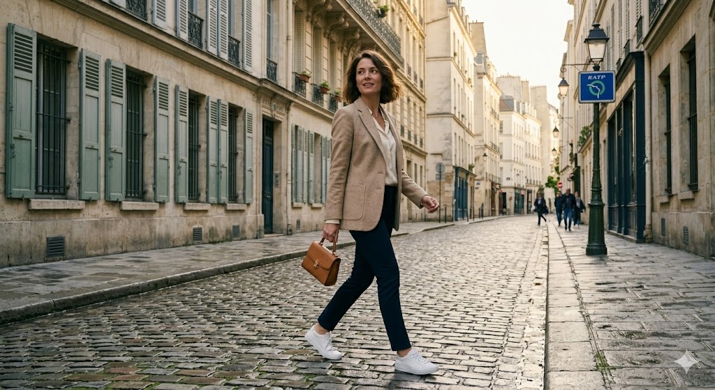 paris A stylish woman in a tailored beige blazer and sleek leather sneakers walking across a cobblestone street.