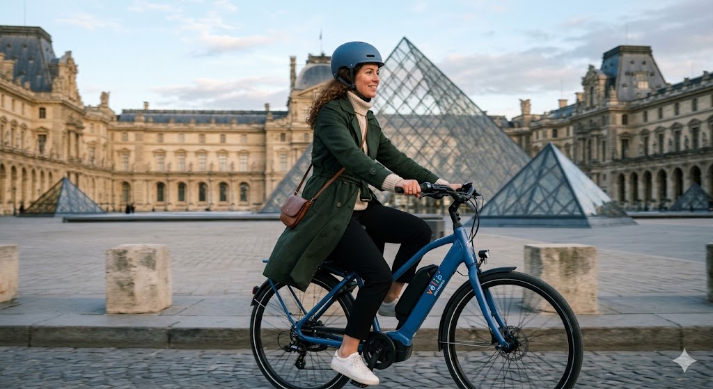 paris A stylish woman riding a blue electric Vélib’ bike past the Louvre pyramids.