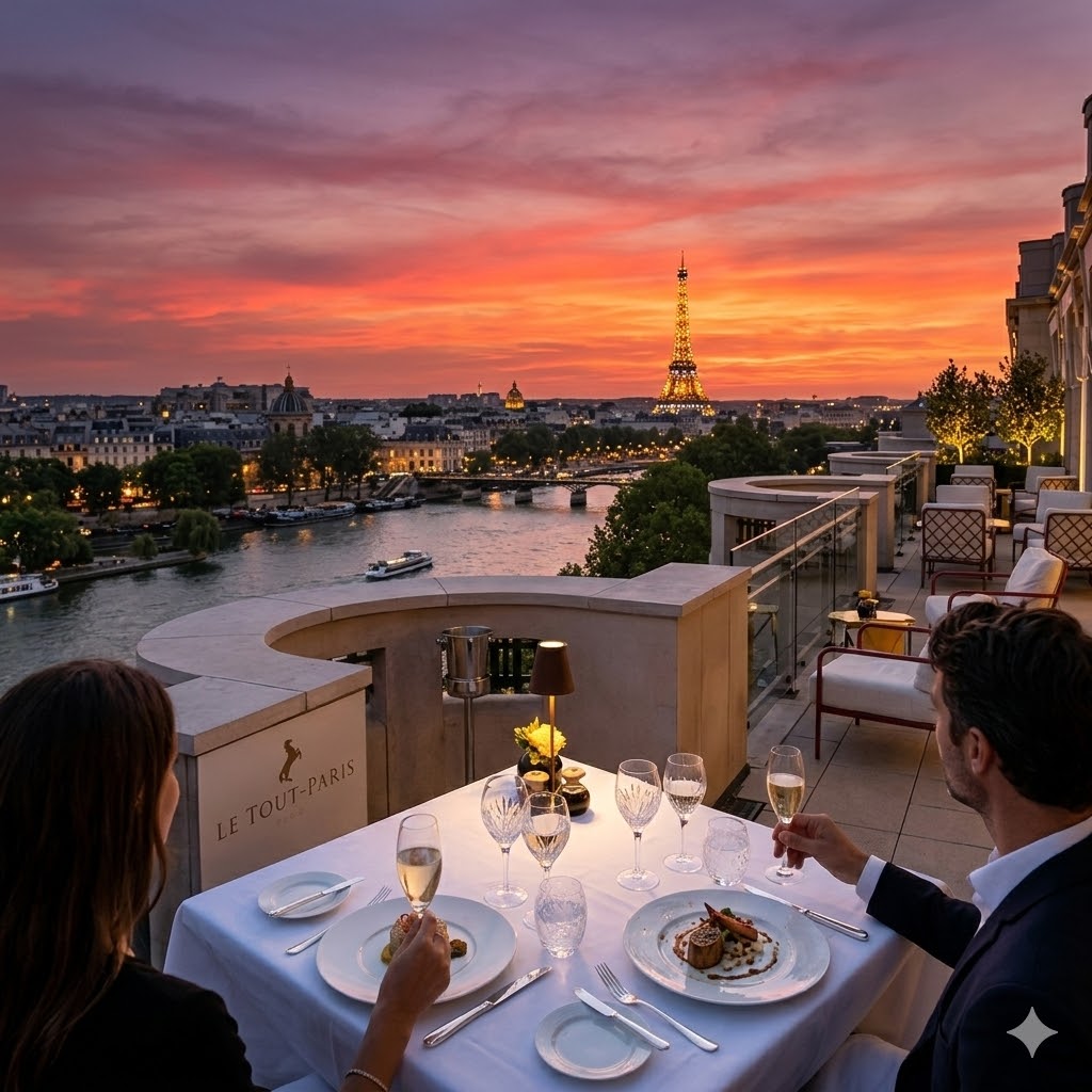 paris A sunset view from the terrace of Le Tout-Paris at Cheval Blanc, overlooking the glowing Eiffel Tower.