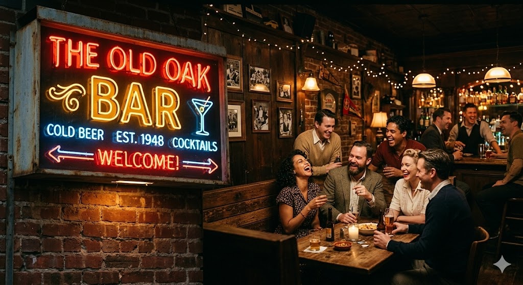 paris A vintage-style neon sign for a bar, with people laughing in a dimly lit, cozy room in the background.