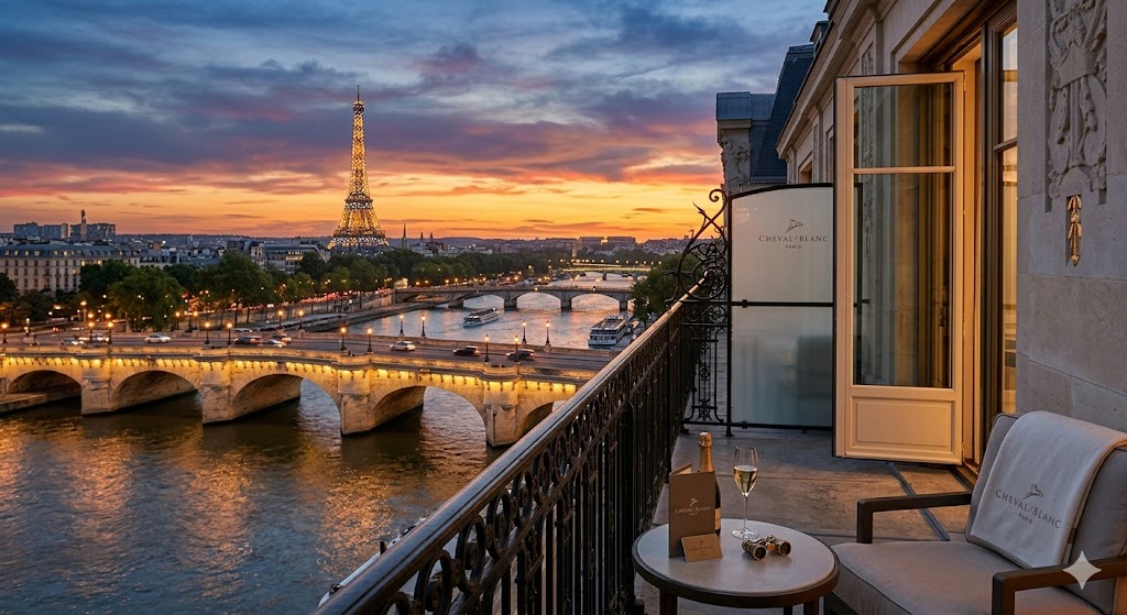 paris A wide-angle shot from a private balcony at Cheval Blanc, looking out over the Pont Neuf toward the Eiffel Tower at sunset.