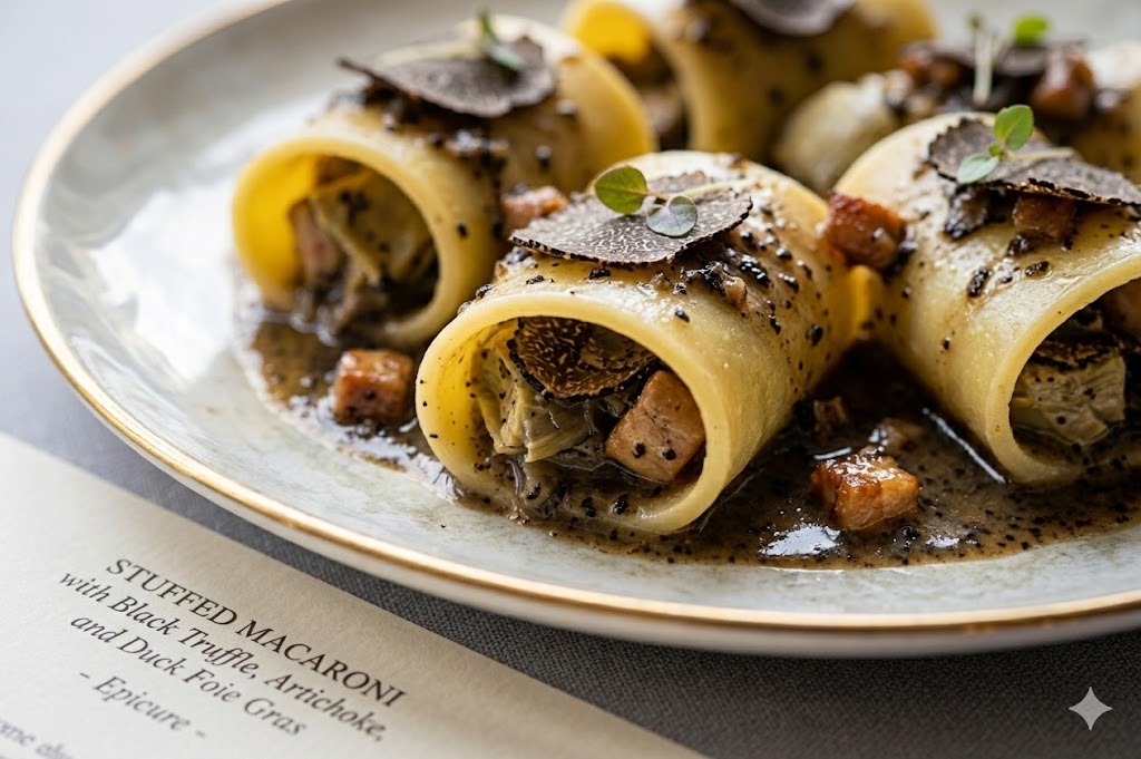 paris An extreme, high-definition close-up of Chef Eric Frechon’s stuffed macaroni dish at Epicure.