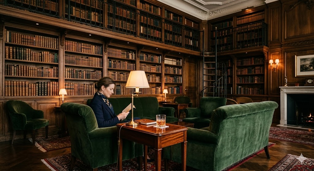 paris Floor-to-ceiling bookshelves in a hushed, velvet-seated lounge (Saint James Paris style) with a single amber-colored drink on a side table.