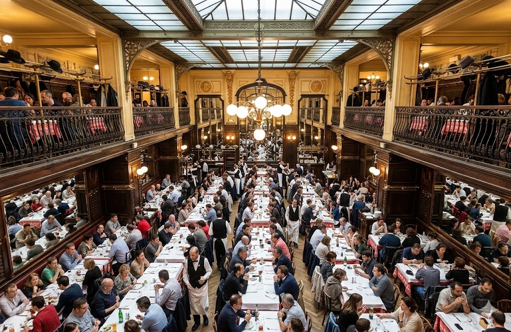paris High-angle shot of the grand, bustling dining hall of Bouillon Chartier with high ceilings and mirrored walls.