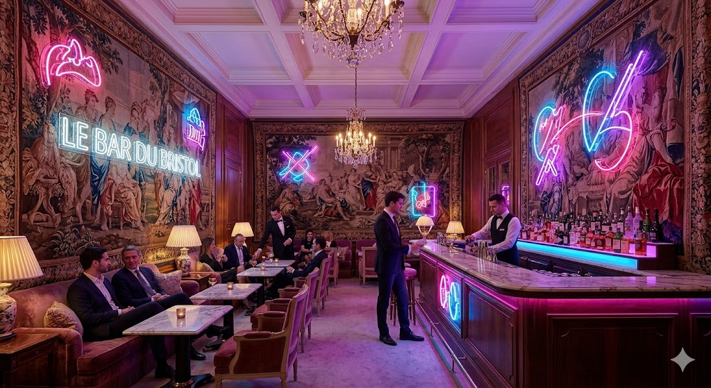 paris Hôtel Le Bristol, the bar is a masterpiece of textures—think 18th-century tapestries paired with modern neon lighting.