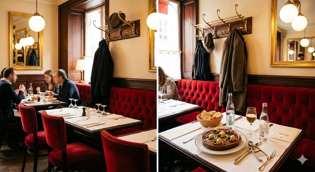 paris Interior shot of Benoit Paris showing red velvet banquettes, brass coat racks, and a plate of escargot.
