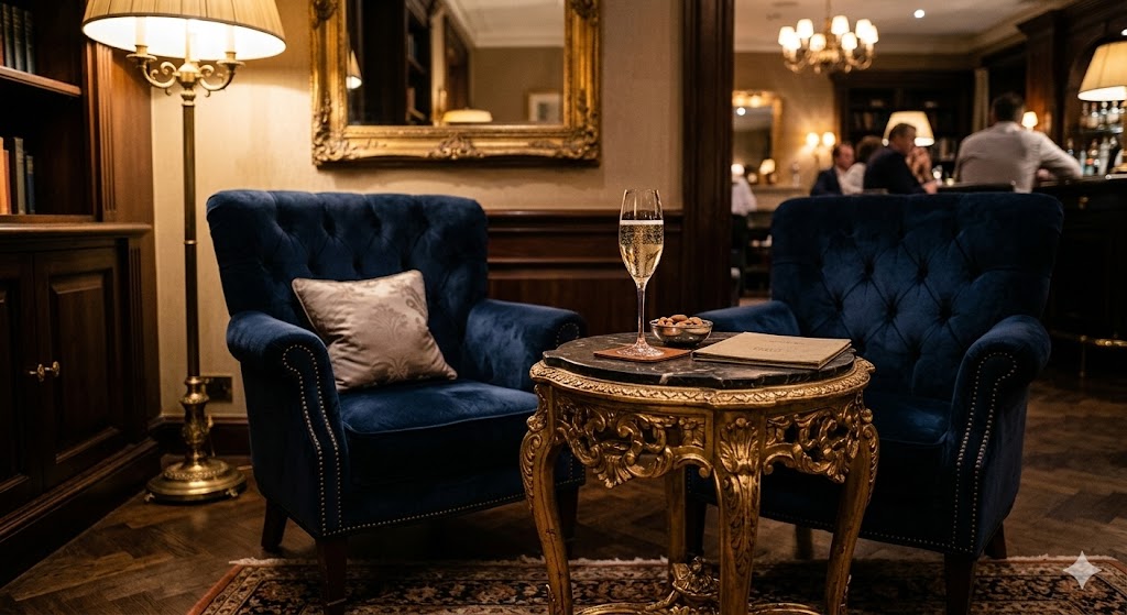 paris Plush velvet armchairs in a deep navy, an antique gold side table, and a half-full glass of fine champagne.