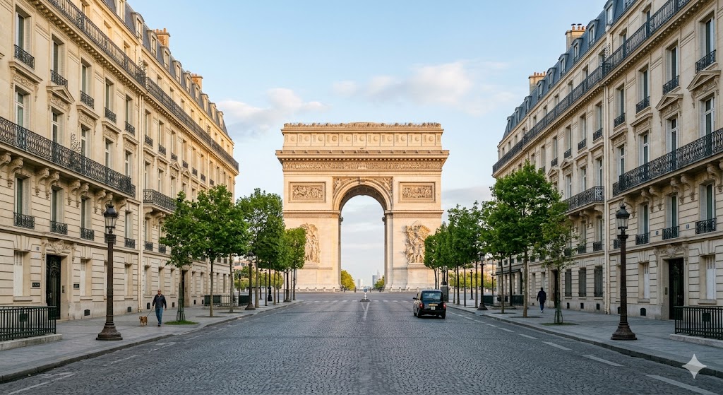 paris The Arc de Triomphe framed perfectly down a side avenue, viewed through the lens of symmetric architecture, devoid of massive tourist crowds.