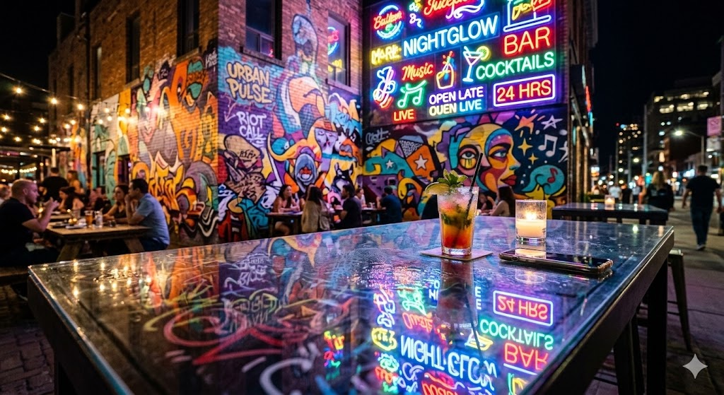 paris Vibrant neon signs reflecting off a glass tabletop with colorful, creative street-art murals in the background.