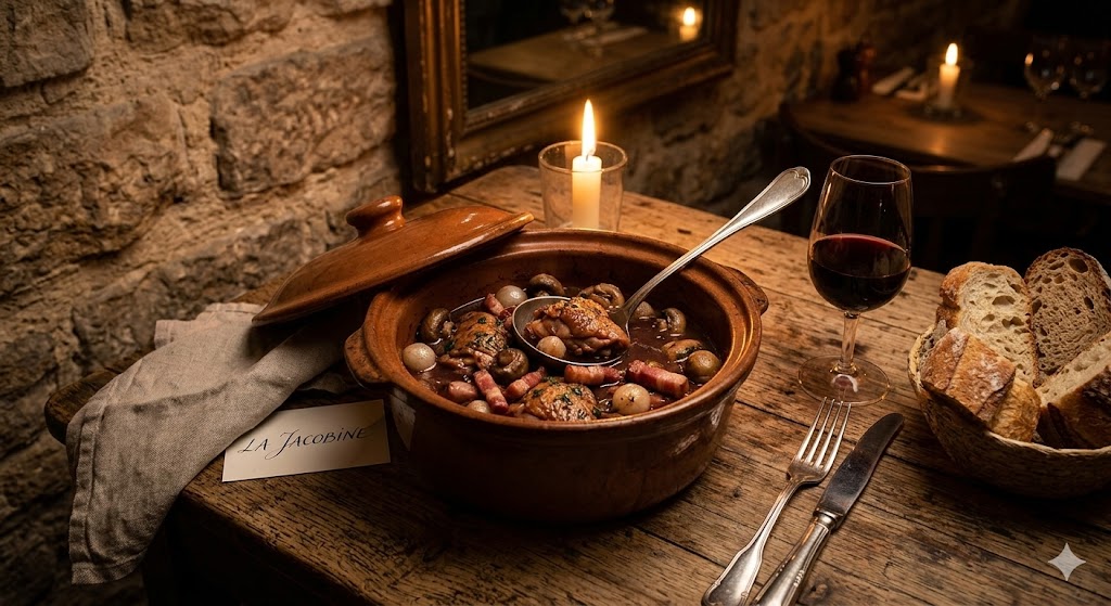paris Warm, candlelit close-up of a pot of coq au vin on a rustic wooden table at La Jacobine.