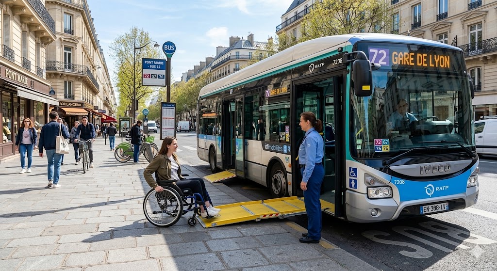 paris a modern Parisian bus lowering its ramp for a traveler