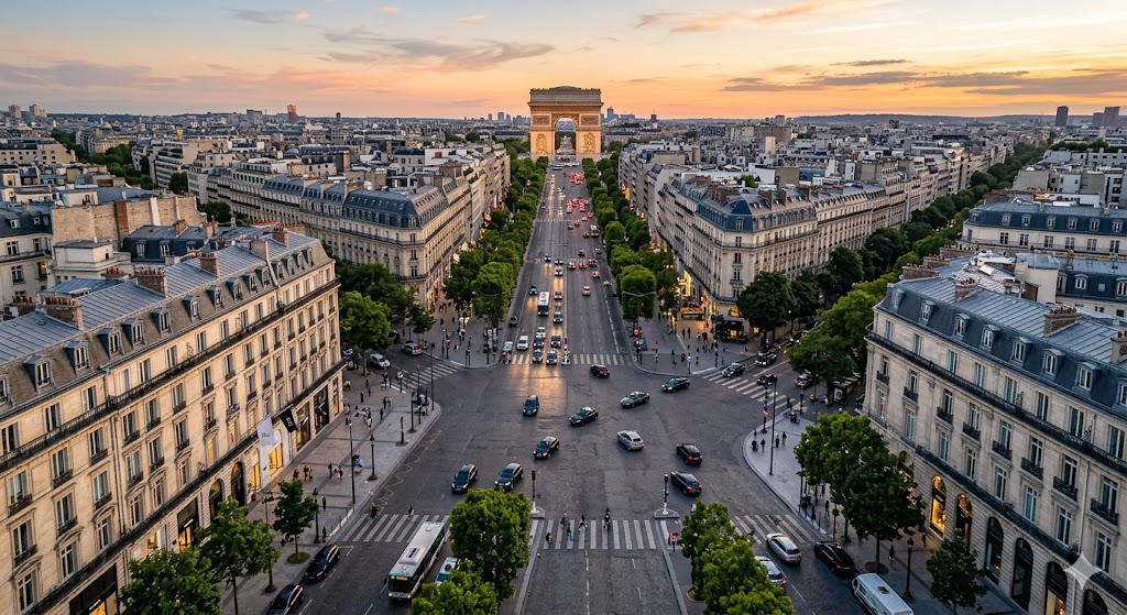 paris aerial or wide-angle shot looking down an avenue lined with haussmannian buildings, clearly showing the intersection of wide streets.