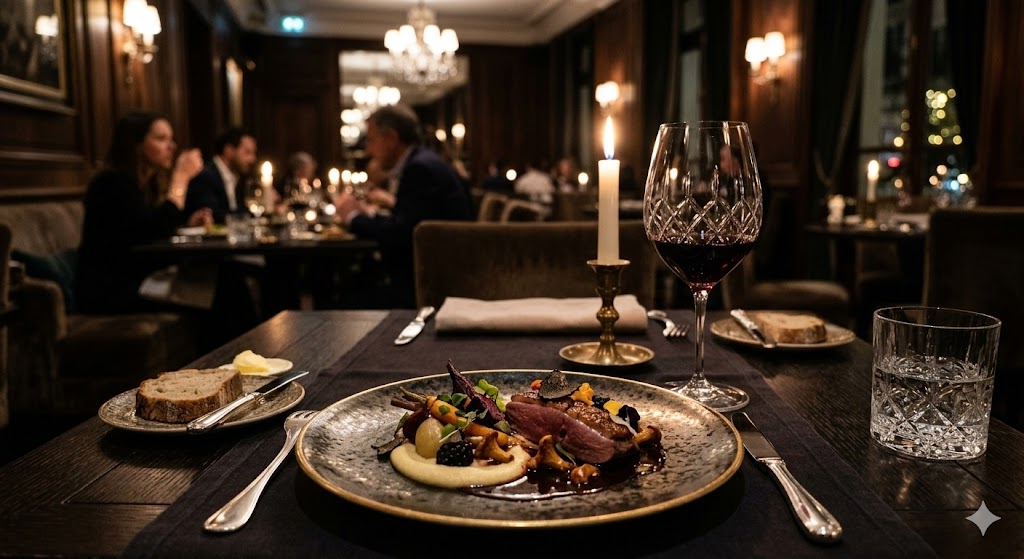 paris an a beautifully plated dish &amp; crystal wine in elegant dining room