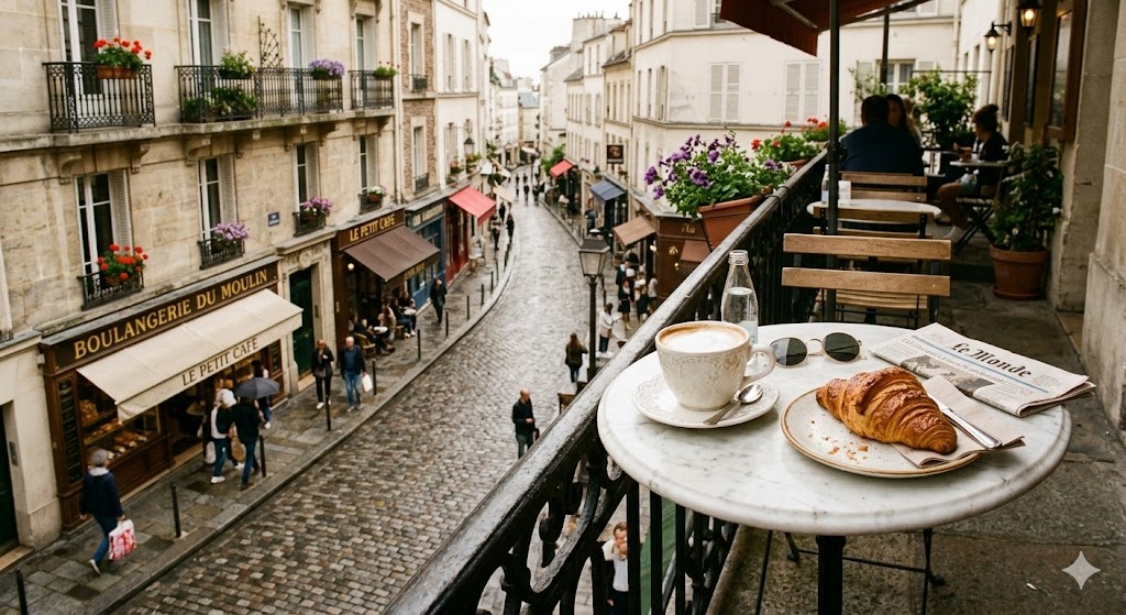 paris crossant on balcony overlooking cobblestone street