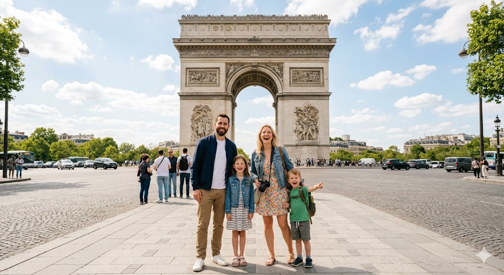 paris family in front of arc de triomphe