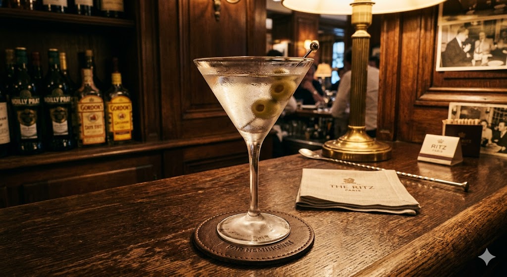 paris image of A close-up of a perfectly chilled martini on a leather coaster inside a dimly lit, wood-paneled bar (Bar Hemingway style).