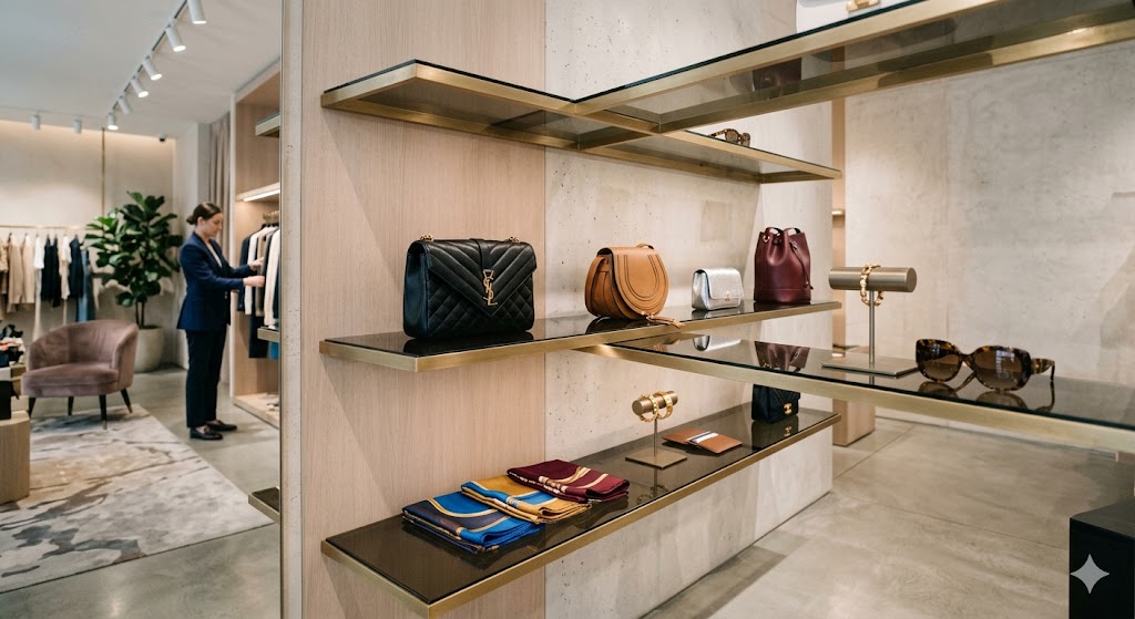paris image of A sleek, luxury boutique interior view, focusing on designer handbags or accessories on minimalist shelving.