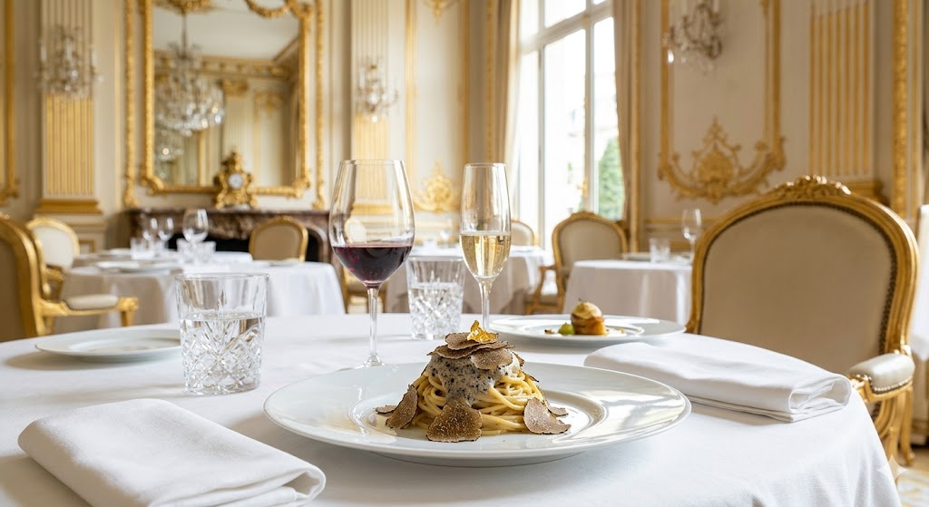 paris impeccably plated dish from Le Cinq, surrounded by crystal glassware and white linen in a gold-leafed dining room.