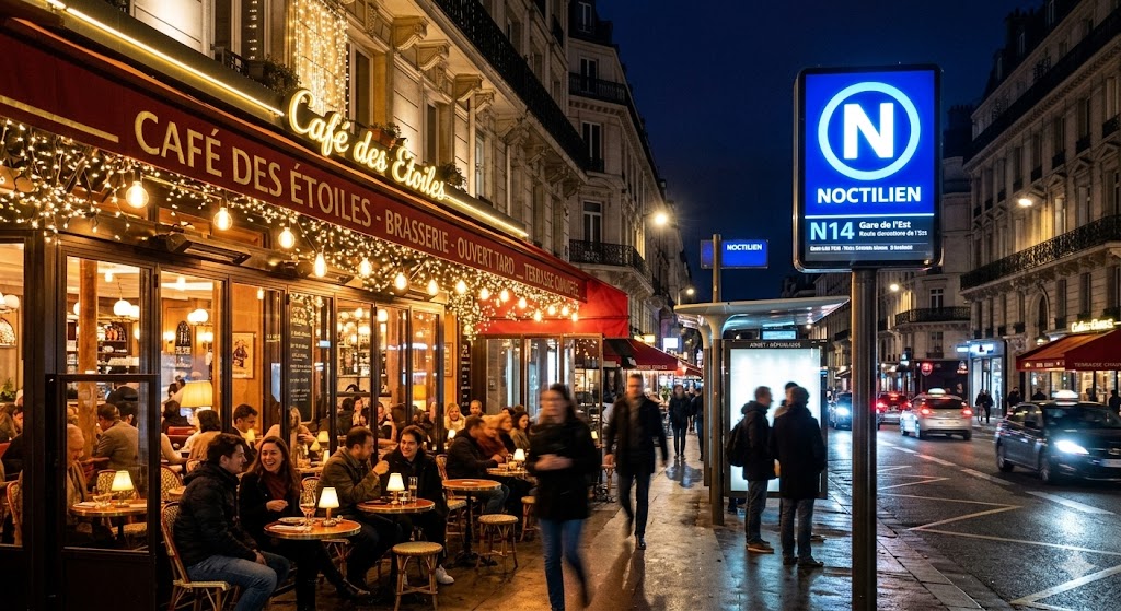 paris the sparkling lights of a Parisian Cafe at night