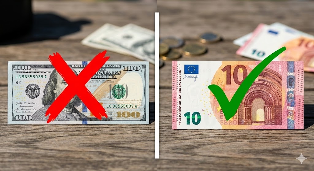 paris tipping split screen of dollar no and euro yes