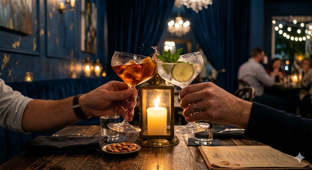 paris two cocktails clinking over a candlelit table