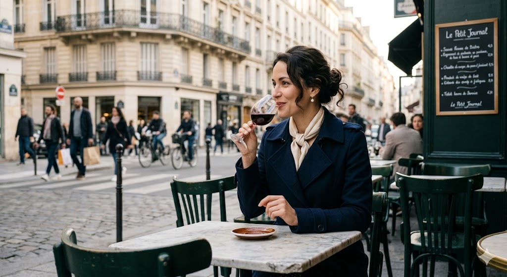 paris women drinking wine at bistro table