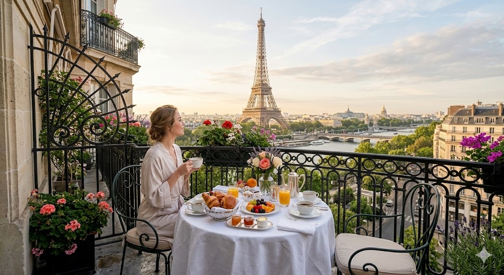 paris women eating breakfast on balcony with eiffel tower in background