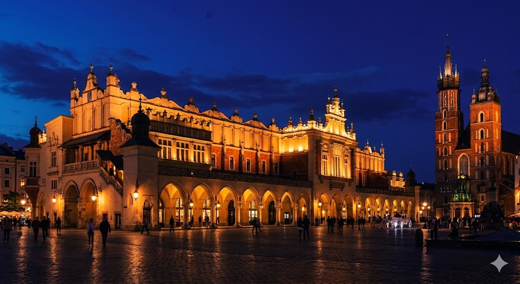 poland The grand Cloth Hall (Sukiennice) in Krakow at night, illuminated with a warm yellow glow against a deep blue sky.