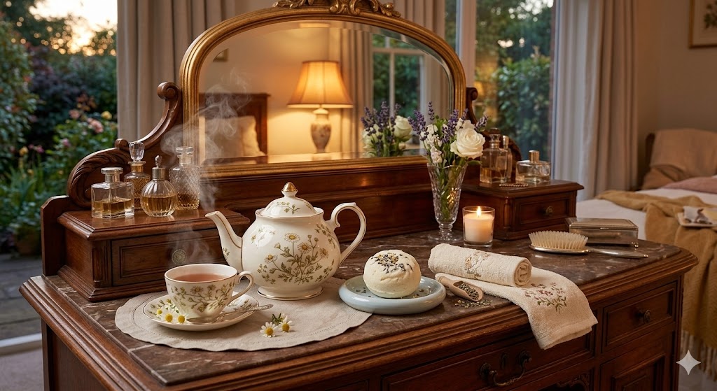 pot of camomile tea serives and bath melt on a vanity