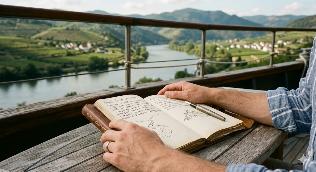 river cruise a close up of travelers hands on open journal
