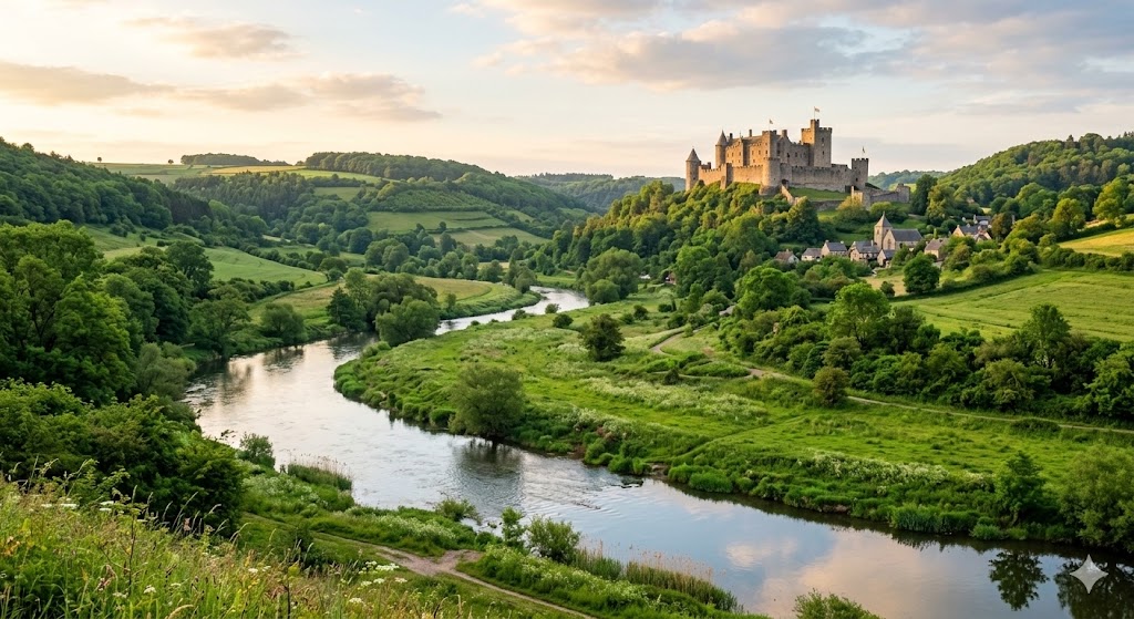river cruise of a river winding thru lush green valley and castle