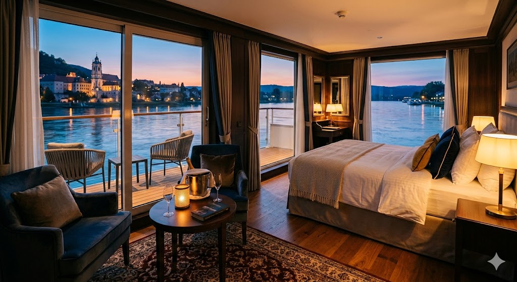river cruise suite at sunset looking out windows