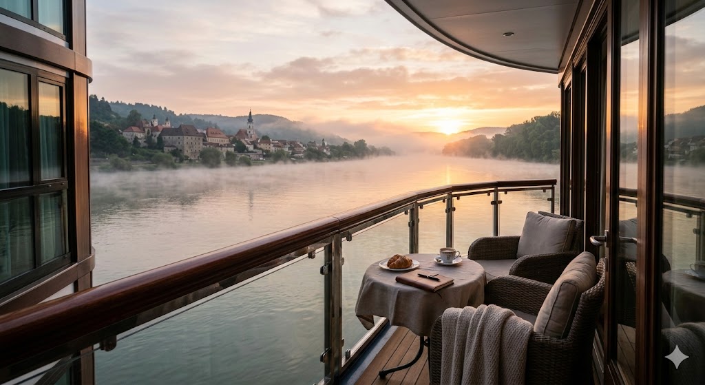 river view from private balcony over misty river at sunrise